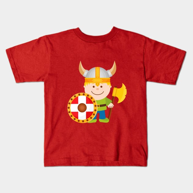 Cute Little Viking Warrior Cartoon Illustration Kids T-Shirt by RageRabbit